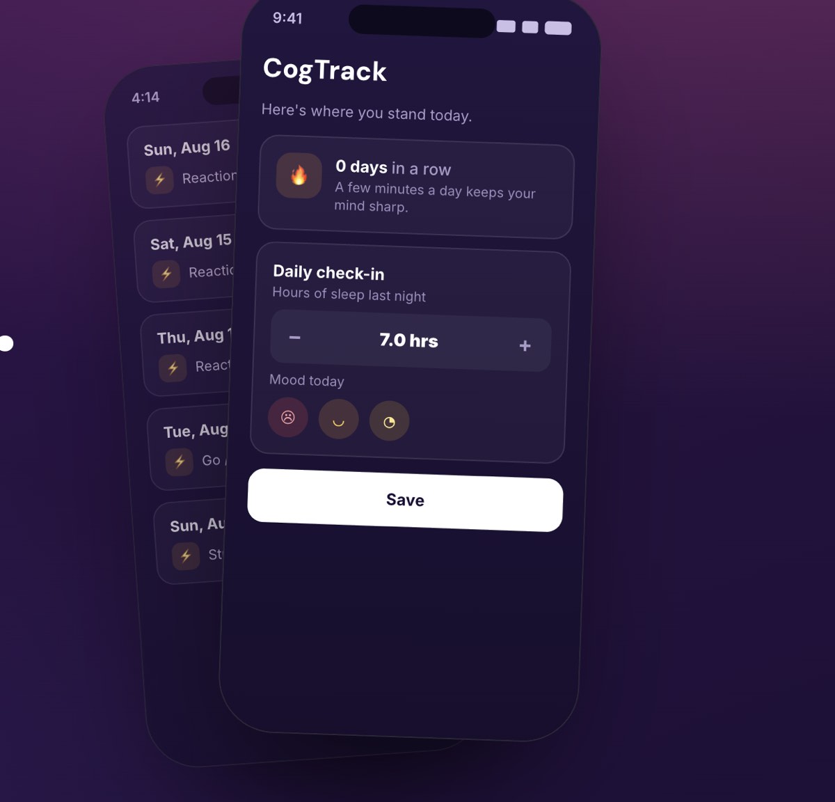 The CogTrack app showing a daily check-in and streak