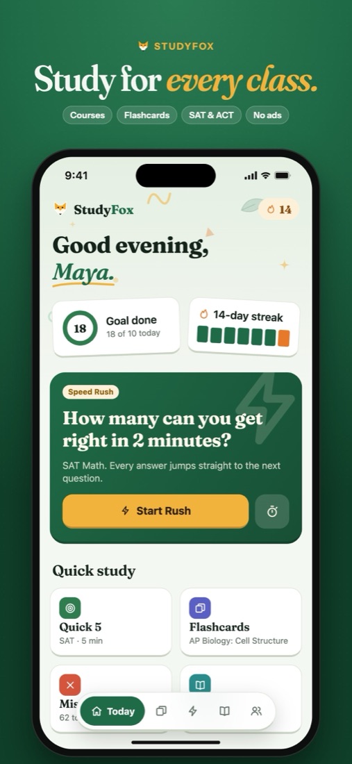 The StudyFox app home screen with a daily goal, streak, and Speed Rush